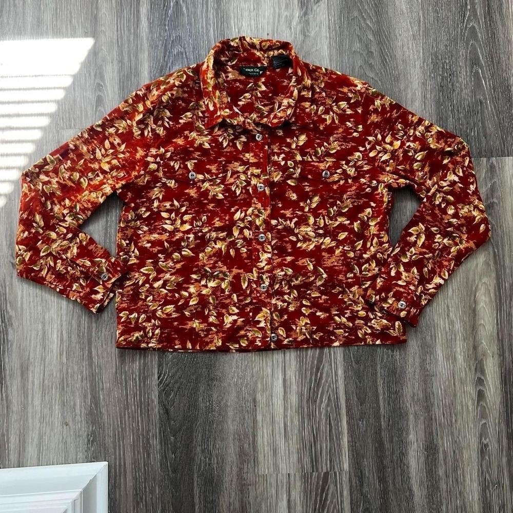 Lemon Grass Studio Rust Leaf Print Snap Front Shirt Womens Large Orange Red Fall